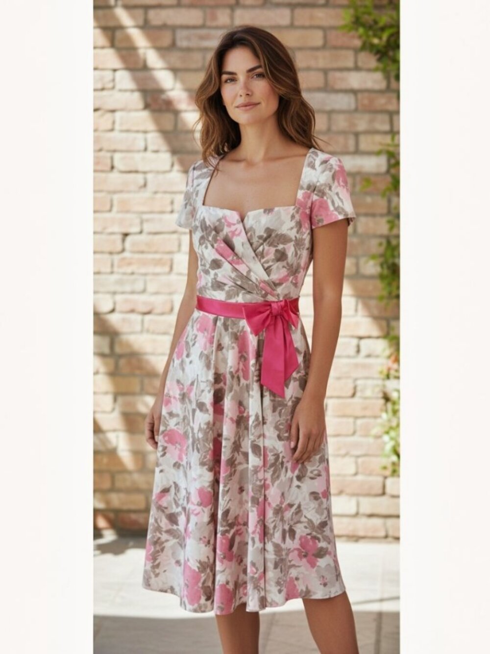 Badgley Mischka Midi Floral Dress Pink Fit & Flare Square Neck Size 4 $750 NWT
